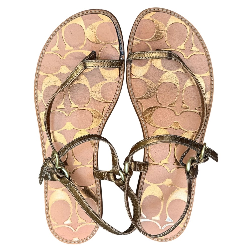Coach Libby Bronze Metallic Leather Signature Logo Strappy Thong Sandals 5.5 M